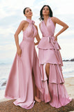 Pink A-Line Halter Pleated Satin Backless Long Bridesmaid Dress with Slit
