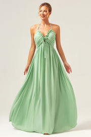 A-Line Halter Backless Long Light Green Bridesmaid Dress with Lace Up Back