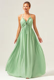 A-Line Halter Backless Long Light Green Bridesmaid Dress with Lace Up Back