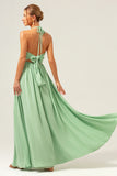 A-Line Halter Backless Long Light Green Bridesmaid Dress with Lace Up Back
