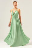 A-Line Halter Backless Long Light Green Bridesmaid Dress with Lace Up Back