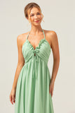 A-Line Halter Backless Long Light Green Bridesmaid Dress with Lace Up Back