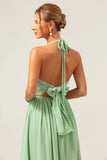 A-Line Halter Backless Long Light Green Bridesmaid Dress with Lace Up Back