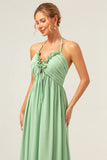A-Line Halter Backless Long Light Green Bridesmaid Dress with Lace Up Back