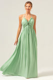 A-Line Halter Backless Long Light Green Bridesmaid Dress with Lace Up Back