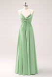 A-Line Halter Backless Long Light Green Bridesmaid Dress with Lace Up Back