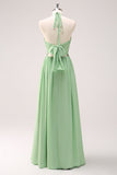 A-Line Halter Backless Long Light Green Bridesmaid Dress with Lace Up Back