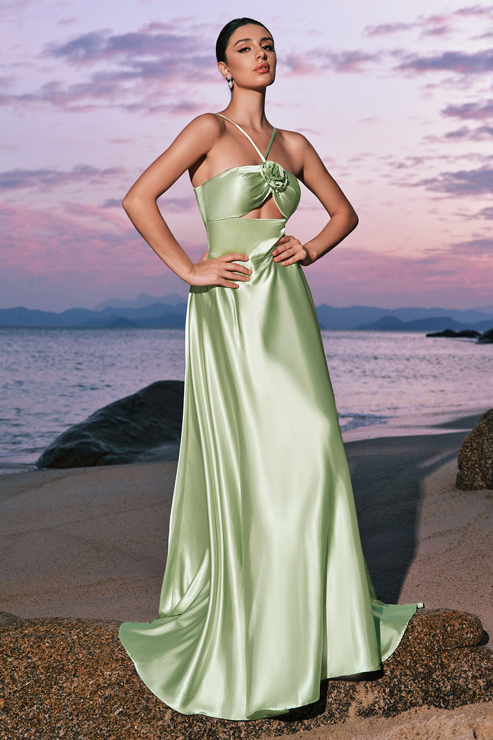 sea green satin dress Azazie Kinsley