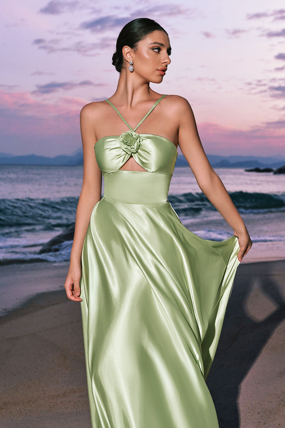 Wedtrend Women Light Green Long Bridesmaid Dress with Flower A-Line Halter Satin Hollow Out Wedding Guest Dress WEDTREND Wedtrend Women Light Green Long Bridesmaid Dress with Flower A-Line Halter Satin Hollow Out Wedding Guest Dress WEDTREND