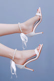 White Satin Pearl Open Toe Ankle Strap High Heels Wedding Shoes