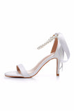 White Satin Pearl Open Toe Ankle Strap High Heels Wedding Shoes