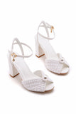 Elegant Faux Leather Block Heel Peep Toe Sandals Bridal Shoes with Pearl