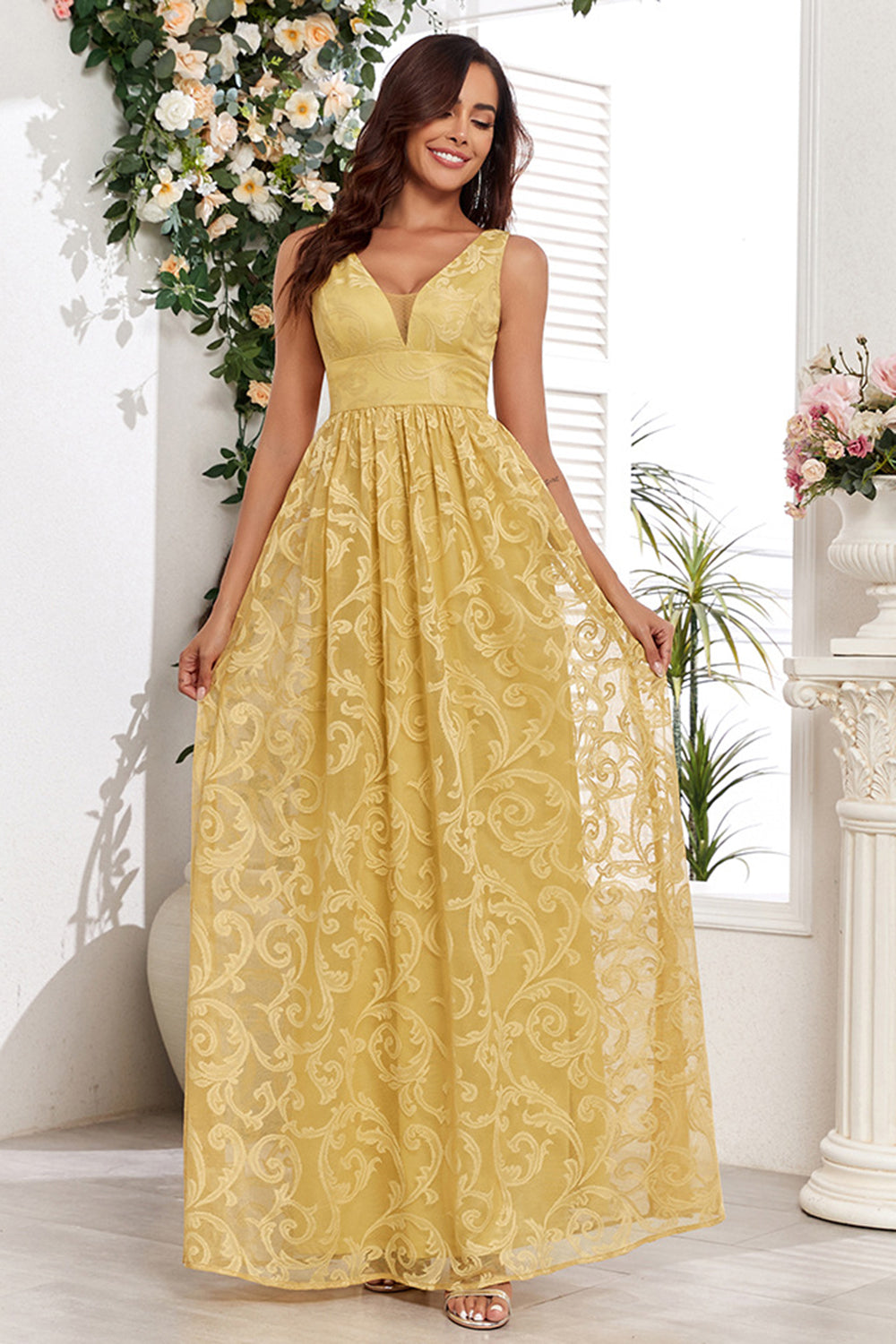 Wedtrend Women Yellow Wedding Party Guest Dress With Appliques A Line V-Neck Evening Party Dress WEDTREND Wedtrend Women Yellow Wedding Party Guest Dress With Appliques A Line V-Neck Evening Party Dress WEDTREND