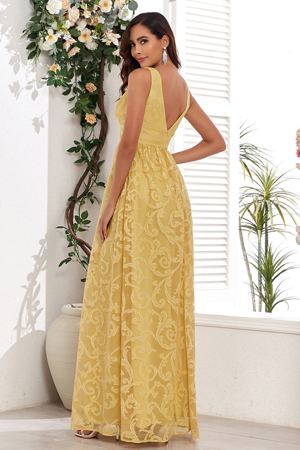 Wedtrend Women Yellow Wedding Party Guest Dress With Appliques A Line V-Neck Evening Party Dress WEDTREND Wedtrend Women Yellow Wedding Party Guest Dress With Appliques A Line V-Neck Evening Party Dress WEDTREND