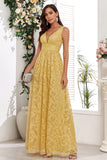 Yellow A Line V-Neck Wedding Party Guest Dress With Appliques