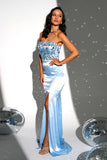 Sparkly Blue Mermaid Strapless Long Prom Dress with Slit