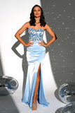 Sparkly Blue Mermaid Strapless Long Prom Dress with Slit