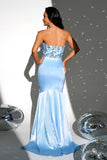 Sparkly Blue Mermaid Strapless Long Prom Dress with Slit