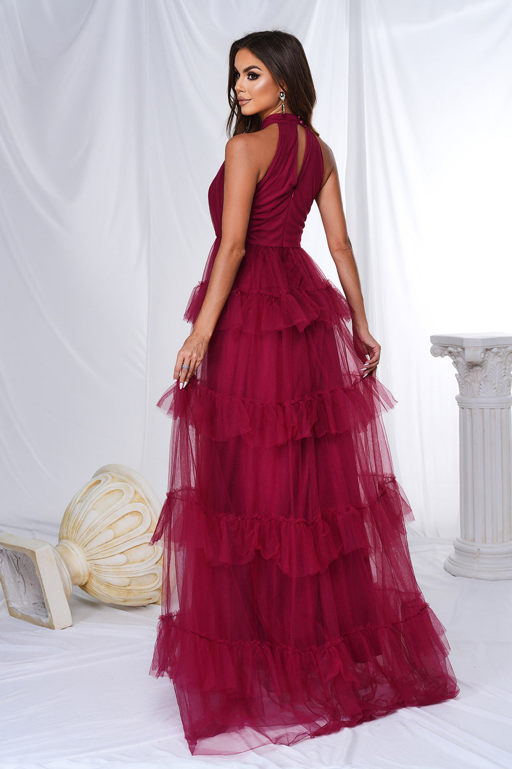 Wedtrend Women Burgundy Tiered Prom Dress Halter Long Tulle A Line Formal Party Dress WEDTREND Wedtrend Women Burgundy Tiered Prom Dress Halter Long Tulle A Line Formal Party Dress WEDTREND
