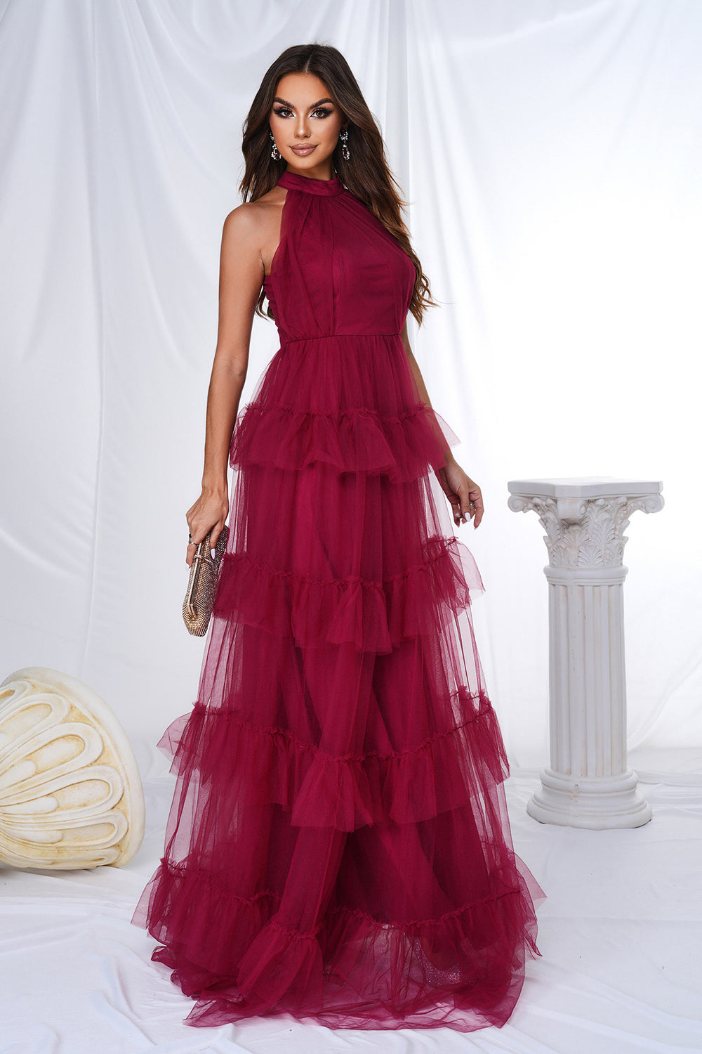 Wedtrend Women Burgundy Tiered Prom Dress Halter Long Tulle A Line Formal Party Dress WEDTREND Wedtrend Women Burgundy Tiered Prom Dress Halter Long Tulle A Line Formal Party Dress WEDTREND