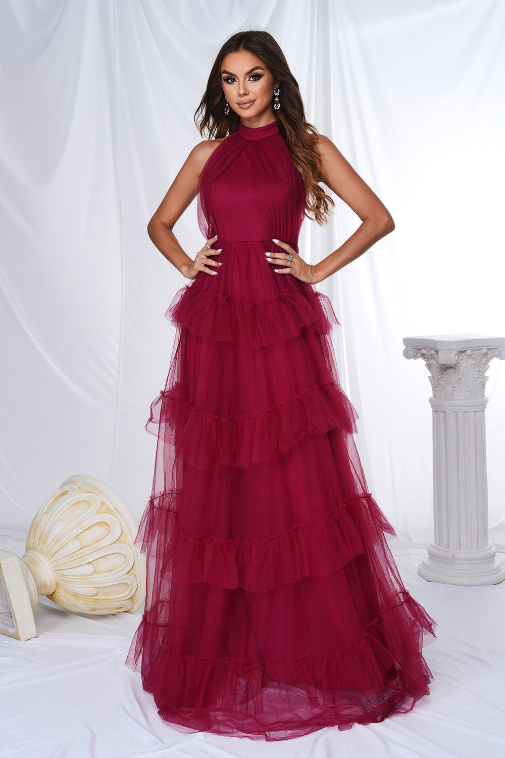 Wedtrend Women Burgundy Tiered Prom Dress Halter Long Tulle A Line Formal Party Dress WEDTREND Wedtrend Women Burgundy Tiered Prom Dress Halter Long Tulle A Line Formal Party Dress WEDTREND