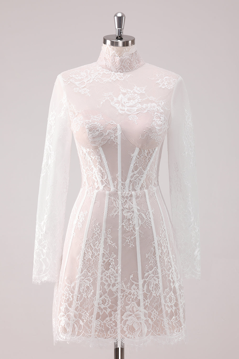 Wedtrend Women White Lace Homecoming Dress with Long Sleeves A Line High Neck Corset Short Cocktail Dress WEDTREND Wedtrend Women White Lace Homecoming Dress with Long Sleeves A Line High Neck Corset Short Cocktail Dress WEDTREND