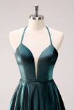 Peacock Blue A-Line Halter Short Homecoming Dress with Lace Up Back