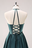 Peacock Blue A-Line Halter Short Homecoming Dress with Lace Up Back