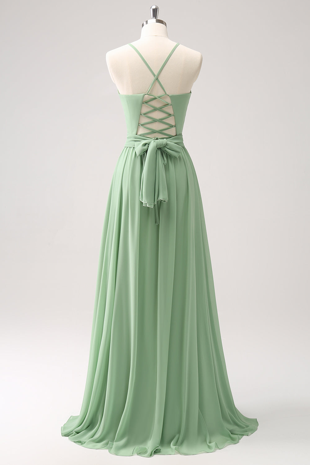 Wedtrend Women Dusty Sage Bridesmaid Dress With Slit A Line Chiffon Lace Up Back Ruched Wedding Party Dress WEDTREND Wedtrend Women Dusty Sage Bridesmaid Dress With Slit A Line Chiffon Lace Up Back Ruched Wedding Party Dress WEDTREND