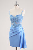 Stylish Blue Sheath Sweetheart Pleated Corset Short Homecoming Dress with Beading