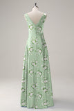 Sage White Flower A-Line V Neck Satin Long Bridesmaid Dress