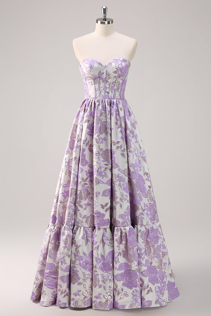 Cute Blue A-Line Sweetheart Brocade Corset Long Prom Dress main image 0