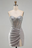 Sparkly Silver Corset Ruched Strapless Homecoming Dress with Slit