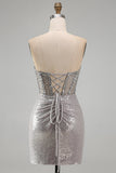 Sparkly Silver Corset Ruched Strapless Homecoming Dress with Slit