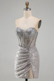 Sparkly Silver Corset Ruched Strapless Homecoming Dress with Slit
