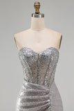 Sparkly Silver Corset Ruched Strapless Homecoming Dress with Slit
