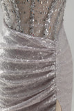 Sparkly Silver Corset Ruched Strapless Homecoming Dress with Slit