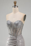Sparkly Silver Corset Ruched Strapless Homecoming Dress with Slit