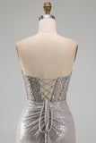 Sparkly Silver Corset Ruched Strapless Homecoming Dress with Slit