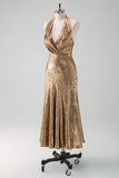 Golden Mermaid Halter Neck Midi Wedding Guest Dress