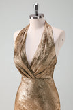 Golden Mermaid Halter Neck Midi Wedding Party Guest Dress