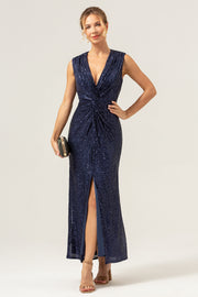 Sparkly Navy Sheath V-Neck Sequins Sleeveless Mother of the Bride Dress With Slit