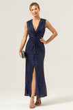 Sparkly Navy Sheath V-Neck Sequins Sleeveless Mother of the Bride Dress With Slit
