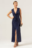 Sparkly Navy Sheath V-Neck Sequins Sleeveless Mother of the Bride Dress With Slit