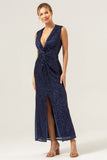 Sparkly Navy Sheath V-Neck Sequins Sleeveless Mother of the Bride Dress With Slit