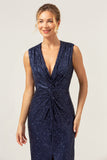 Sparkly Navy Sheath V-Neck Sequins Sleeveless Mother of the Bride Dress With Slit