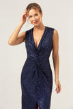Sparkly Navy Sheath V-Neck Sequins Sleeveless Mother of the Bride Dress With Slit