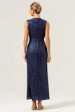 Sparkly Navy Sheath V-Neck Sequins Sleeveless Mother of the Bride Dress With Slit