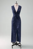 Sparkly Navy Sheath V-Neck Sequins Sleeveless Mother of the Bride Dress With Slit