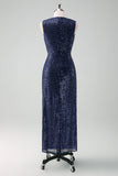 Sparkly Navy Sheath V-Neck Sequins Sleeveless Mother of the Bride Dress With Slit